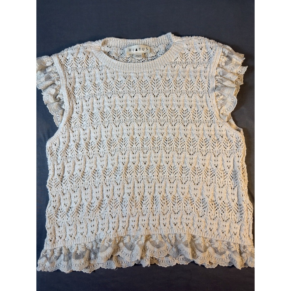 Hiatus Womens XL Ivory Pointelle Knit Lace Ruffle Top Cottagecore Boho